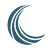 A blue and white logo of a crescent moon.